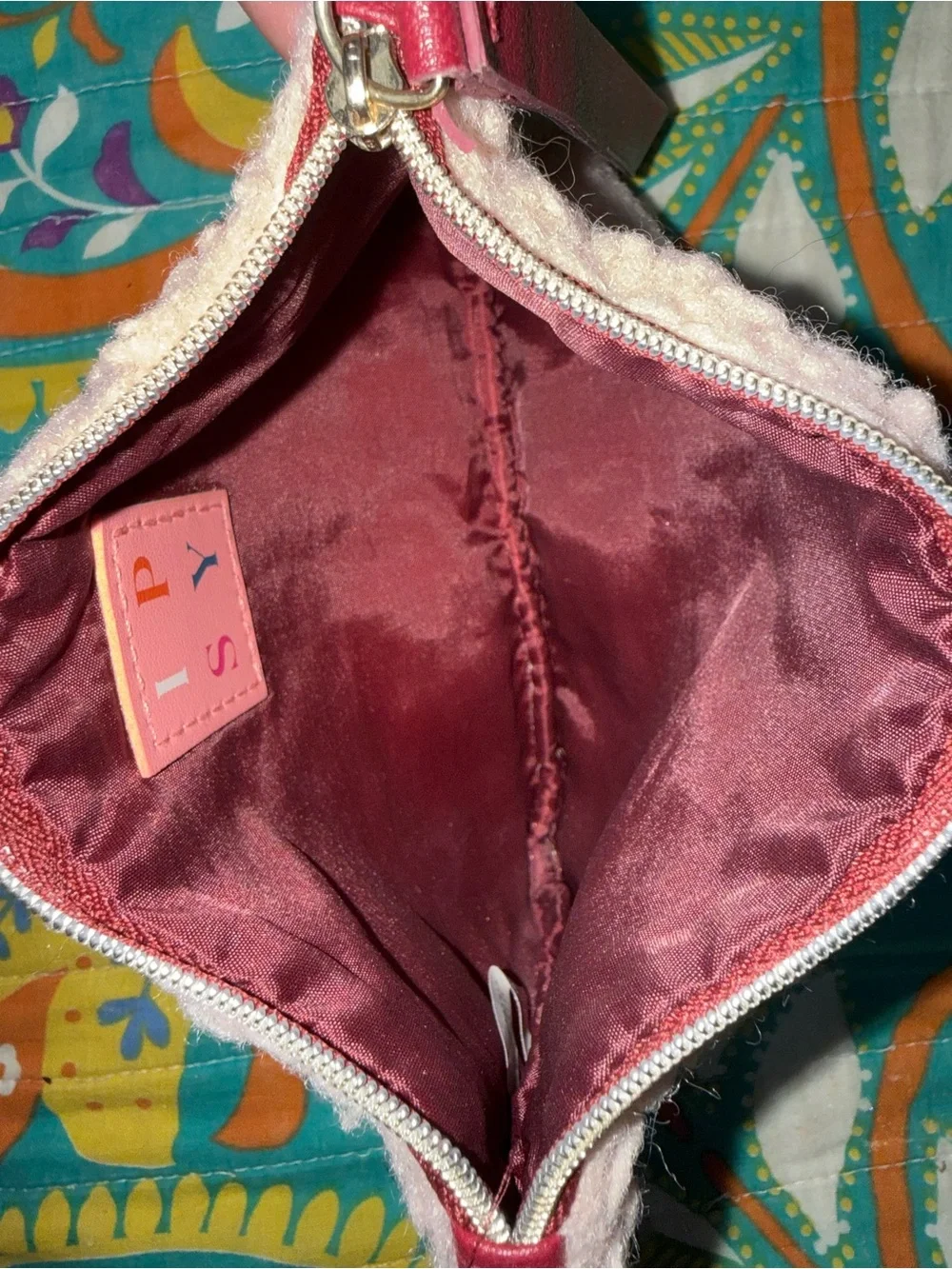 ipsy Pink Sherpa Cosmetic makeup bag with Burgundy Strap